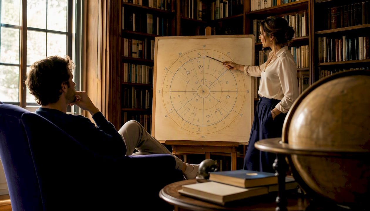 Client viewing natal chart with therapist pointing